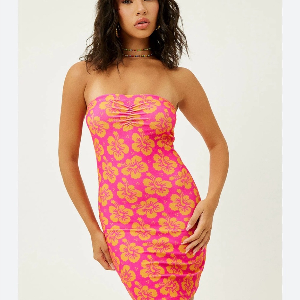 Frankie's Bikinis Pink and Yellow Strapless Dress